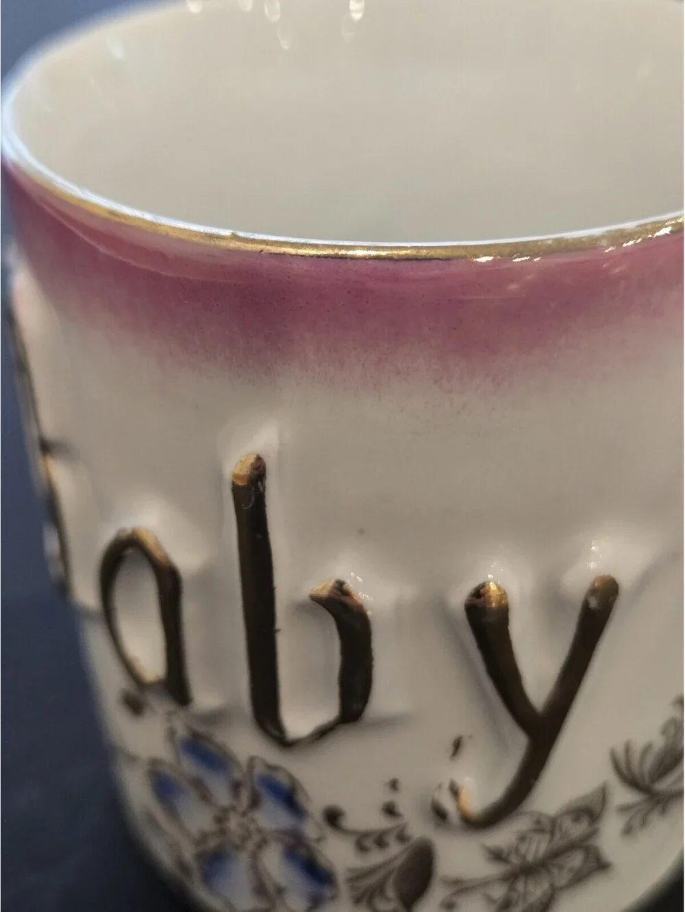 Antique Baby Girl Cup Pink White Gold Porcelain Made in Germany Victorian VTG